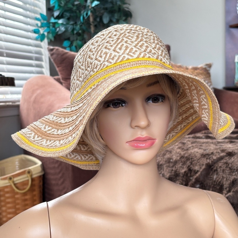 Brand New INC International Concepts Wide Brim Striped Floppy Straw Beach Hat
